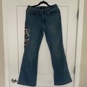 Ed Hardy Blue Flare Jeans with Embroidery